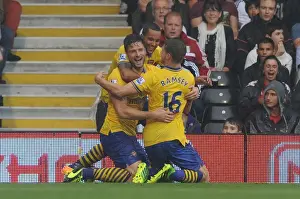 Fulham F C Prints: Olivier Giroud, Theo Walcott, and Aaron Ramsey Celebrate Arsenal's First Goal vs