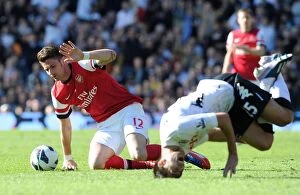Images Dated 20th April 2013: Olivier Giroud vs. Stanislav Manolev: Red Card Drama at Fulham vs. Arsenal (2013)