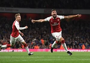 Arsenal v Leicester City 2017-18 Collection: Olivier Giroud's Brace: Arsenal's 4-Goal Rampage Against Leicester City (2017-18)