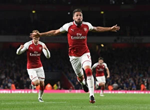 Arsenal v Leicester City 2017-18 Collection: Olivier Giroud's Brace: Arsenal's Dominance Over Leicester City (2017-18)