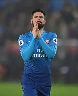Swansea City V Arsenal 2017-18 Prints: Olivier Giroud's Euphoric Moment with Arsenal Fans: Swansea Victory Celebration