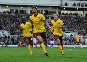 West Ham United V Arsenal 2012-13 Prints: Olivier Giroud's Goal Celebration with Gervinho and Aaron Ramsey (West Ham United vs Arsenal)