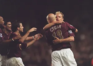 Pascal Cygan celebrates scoring his and Arsenals 1st goal with Dennis Bergkamp