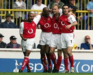 Images Dated 25th April 2004: Patrick Vieira celebrates scoring Arsenals 1st goal with Robert Pires