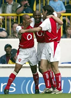 Images Dated 25th April 2004: Patrick Vieira celebrates scoring Arsenals 1st goal with Robert Pires