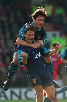 Paul Merson celebrates his goal for Arsenal with Eddie McGoldrick