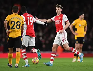 Pepe and Tierney Celebrate Arsenal's First Goal Against Wolverhampton Wanderers (2021-22)