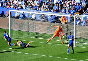 Leicester City V Arsenal 2015/16 Prints: Petr Cech (Arsenal) watches as Jamie Vardy (Leicester) hits the post. Leicester City 2