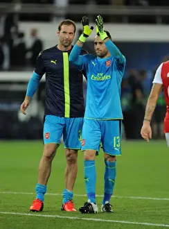 Paris Saint Gernain V Arsenal 2016-17 Prints: Petr Cech and David Ospina: A Post-Match Moment at Parc des Princes (PSG vs Arsenal)