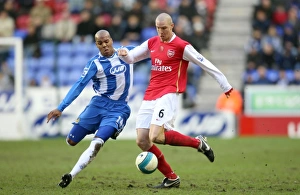 Wigan Athletic v Arsenal 2007-08 Collection: Philippe Senderos (Arsenal) Marlon King (Wigan)