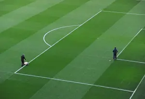 Arsenal V Manchester United 2013-14 Prints: Pitch being marked out pre match. Arsenal 0: 0 Manchester United. Barclays Premier League