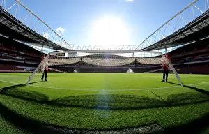 Arsenal V Burnley 2014/15 Prints: Preparing for Kick-off: North Bank Goal Setup at Emirates Stadium (Arsenal vs Burnley)