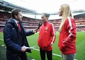 Images Dated 28th April 2014: Rachel Yankey and Anouk Hoogendijk of the Arsenal Ladies are interviewed before the match
