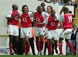 Images Dated 25th April 2004: Robert Pires celebrates scoring Arsenals 2nd goal with Patrick Vieira