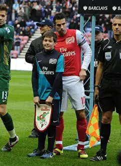 Wigan Athletic V Arsenal 2011-12 Prints: Robin van Persie and Arsenal Mascot Before Wigan Athletic Match, 2011-12 Premier League