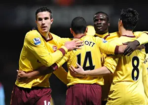 West Ham United V Arsenal 2010-11 Prints: Robin van Persie celebrates scoring his 1st goal for Arsenal with Theo Walcott