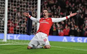 Robin van Persie celebrates scoring the 2nd Arsenal goal. Arsenal 3: 0 Wigan Athletic