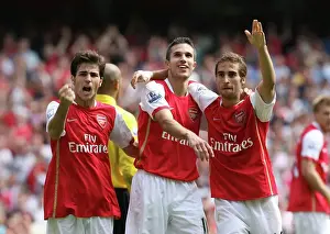 Robin van Persie Cesc Fabregas and Mathieu Flamini celebrate the 2nd Arsenal goal scored by Alex Hleb. Arsenal 2: 1 Fulham, Barclays Premier League, Emirates Stadium, London, 12 / 8 / 2007. Credit: Stuart MacFarlane / Arsenal
