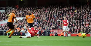 Arsenal V Wolverhampton Wanderers 2010-11 Prints: Robin van Persie scores his and Arsenals 1st goal under pressure from Richard Stearman