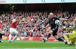 Arsenal V Aston Villa 2010-11 Prints: Robin van Persie scores Arsenals goal past James Collins (Villa). Arsenal 1