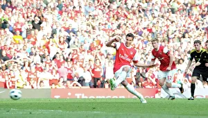 Arsenal v Liverpool 2010-2011 Collection: Robin van Persie scores Arsenals goal from the penalty spot. Arsenal 1: 1 Liverpool
