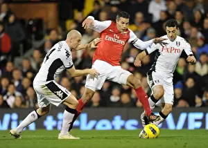 Fulham V Arsenal 2011-12 Prints: Robin van Persie vs. Philippe Senderos and Mousa Dembele: Intense Battle at Fulham v Arsenal