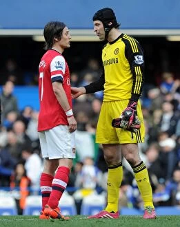 Images Dated 22nd March 2014: Rosicky and Cech: A Moment of Respite Amidst the Chelsea v Arsenal Rivalry (2013-14)