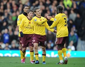 Everton v Arsenal 2010-11 Collection: Sagna's Stunner: Arshavin, Chamakh, and Wilshere Celebrate Arsenal's Winning Goal vs. Everton, 2010