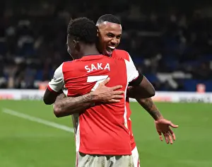 Saka and Gabriel Celebrate Arsenal's Four-Goal Lead Over Chelsea (April 2022)