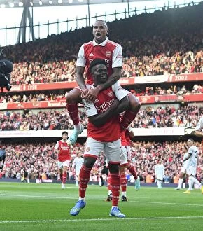 Arsenal v Liverpool 2022-23 Collection: Saka Scores Again: Bukayo Celebrates with Gabriel vs. Liverpool in the 2022-23 Premier League