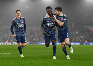 Saka and Tierney Celebrate Arsenal's Third Goal vs Leeds United (2021-22)