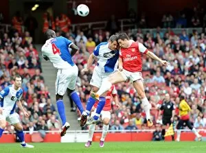 Samir Nasri (Arsenal) clashes heads with Ryan Nelson (Blackburn). Arsenal 0