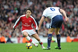 Arsenal v Aston Villa 2009-10 Collection: Samir Nasri (Arsenal) Stuart Downing (Aston Villa). Arsenal 3: 0 Aston Villa
