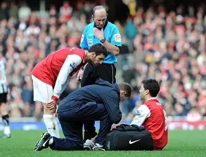 Arsenal V Newcastle United 2010-11 Prints: Samir Nasri (Arsenal) is treated by physio Colin Lewin as Cesc Fabregas