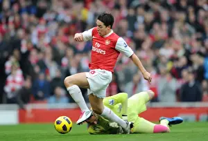 Arsenal V Tottenham Hotspur 2010-11 Prints: Samir Nasri beats Heurelho Gomes (Tottenham) to the ball to score Arsenals 1st goal