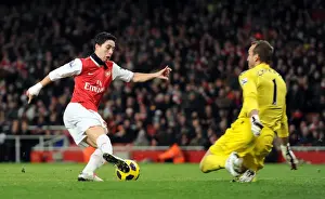 Arsenal V Fulham 2010-11 Prints: Samir Nasri beats Mark Schwarzer (Fulham) on his way to scoring his and Arsenals 2nd goal