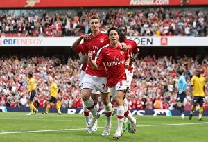 Samir Nasri celebrates scoring the Arsenal goal with Nicklas Bendtner