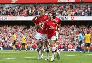 Arsenal V West Bromwich Albion 2008-09 Prints: Samir Nasri celebrates scoring the Arsenal goal with Nicklas Bendtner