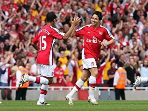 Images Dated 16th August 2008: Samir Nasri celebrates scoring Arsenals goal with Denilson