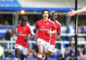Samir Nasri shoots celebrates scoring the Arsenal goal with Bacary Sagna and Abou Diaby