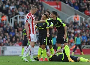 Images Dated 13th May 2017: Sanchez and Xhaka Clash with Shawcross: Stoke City vs Arsenal, Premier League 2016-17