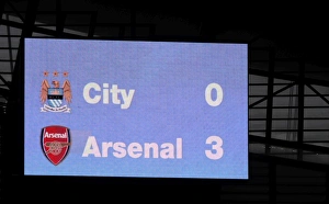 The scorboard at Eastlands. Manchester City 0: 3 Arsenal, Barclays Premier League