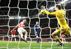 Sebastien Squillaci heads past Stoke goalkeeper Asmir Begovic to score the Arsenal goal