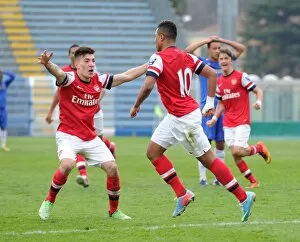 Images Dated 29th March 2013: Serge Gnabry celebrates scoring Arsenals 3rd goal with Hector Bellerin. Arsenal 3: 4 Chelsea