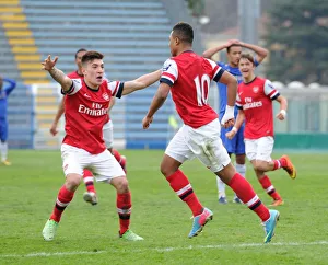 Arsenal U19 V Chelsea U19 - NextGen Series 1-2 Final 2012-13 Prints: Serge Gnabry celebrates scoring Arsenals 3rd goal with Hector Bellerin
