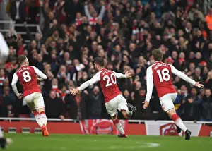 Shkodran Mustafi celebrates scoring Arsenals 1st goal. Arsenal 2: 0 Tottenham Hotspur