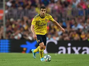 Sokratis of Arsenal Faces Off Against FC Barcelona at Nou Camp (FC Barcelona vs Arsenal, 2019-20 Pre-Season Friendly)