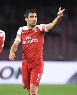 Napoli V Arsenal 2018-19 Prints: Sokratis of Arsenal in Napoli Showdown - UEFA Europa League Quarterfinals 2019