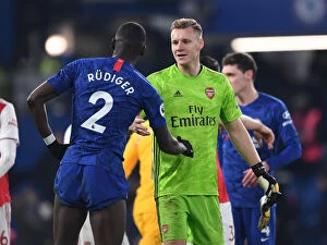 Chelsea v Arsenal 2019-20 Collection: Sportsmanship Shines: Leno and Rudiger's Heartwarming Moment of Unity Amidst Chelsea-Arsenal