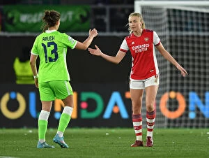 Images Dated 31st March 2022: Sportsmanship Triumph: Leah Williamson and Felicitas Rauch's Heartwarming Handshake after